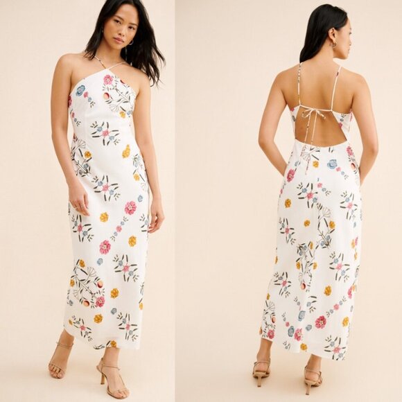 Sancia Cabesa Linen Maxi Dress White Dahlia Floral Halter Open Back M - Picture 1 of 13